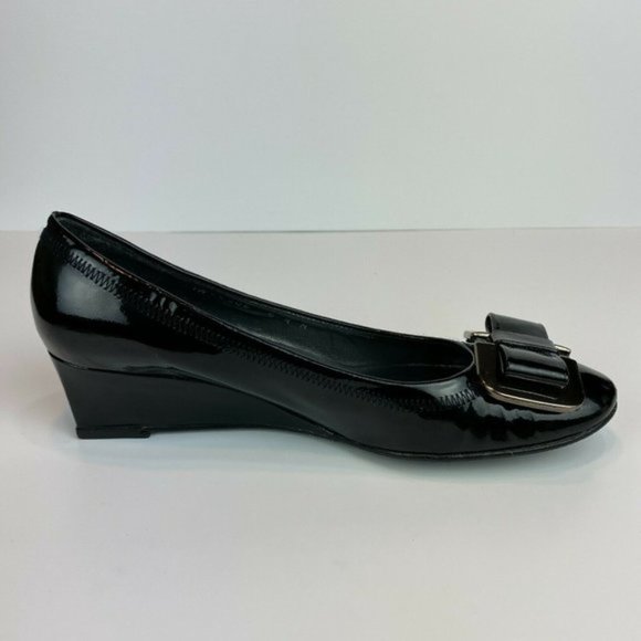 Stuart Weitzman Wedge Heels 5.5‎ Black Patent Leather Silver Bow Office Career - Picture 11 of 11